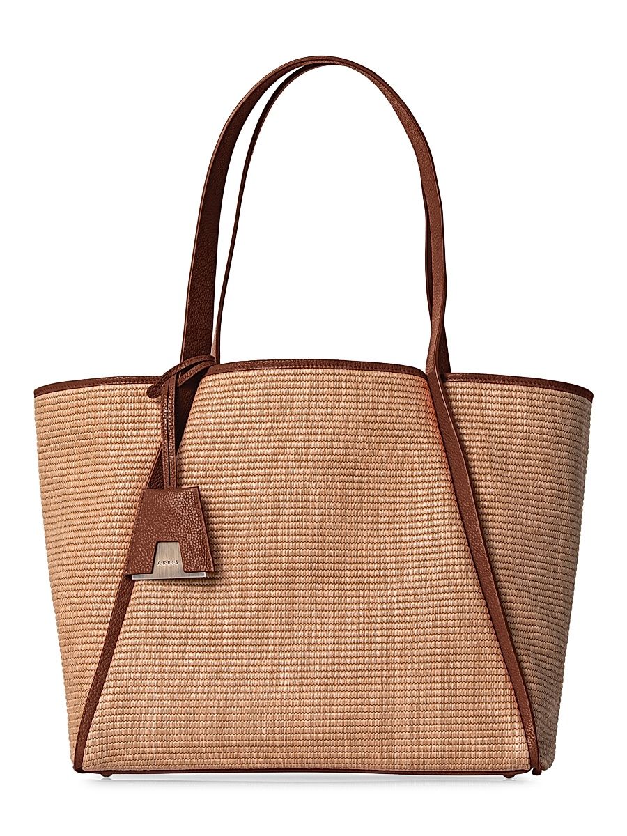 Women's Medium Alex Leather-Trimmed Raffia Tote - Camel Cara
