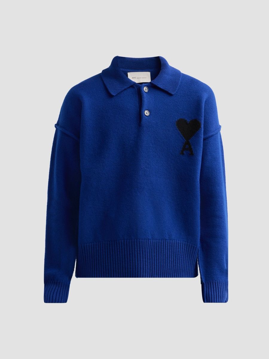 AMI Paris Men's Quota Contrast Ami de Coeur Wool Sweater - Blue Roi Noir - Size XXL