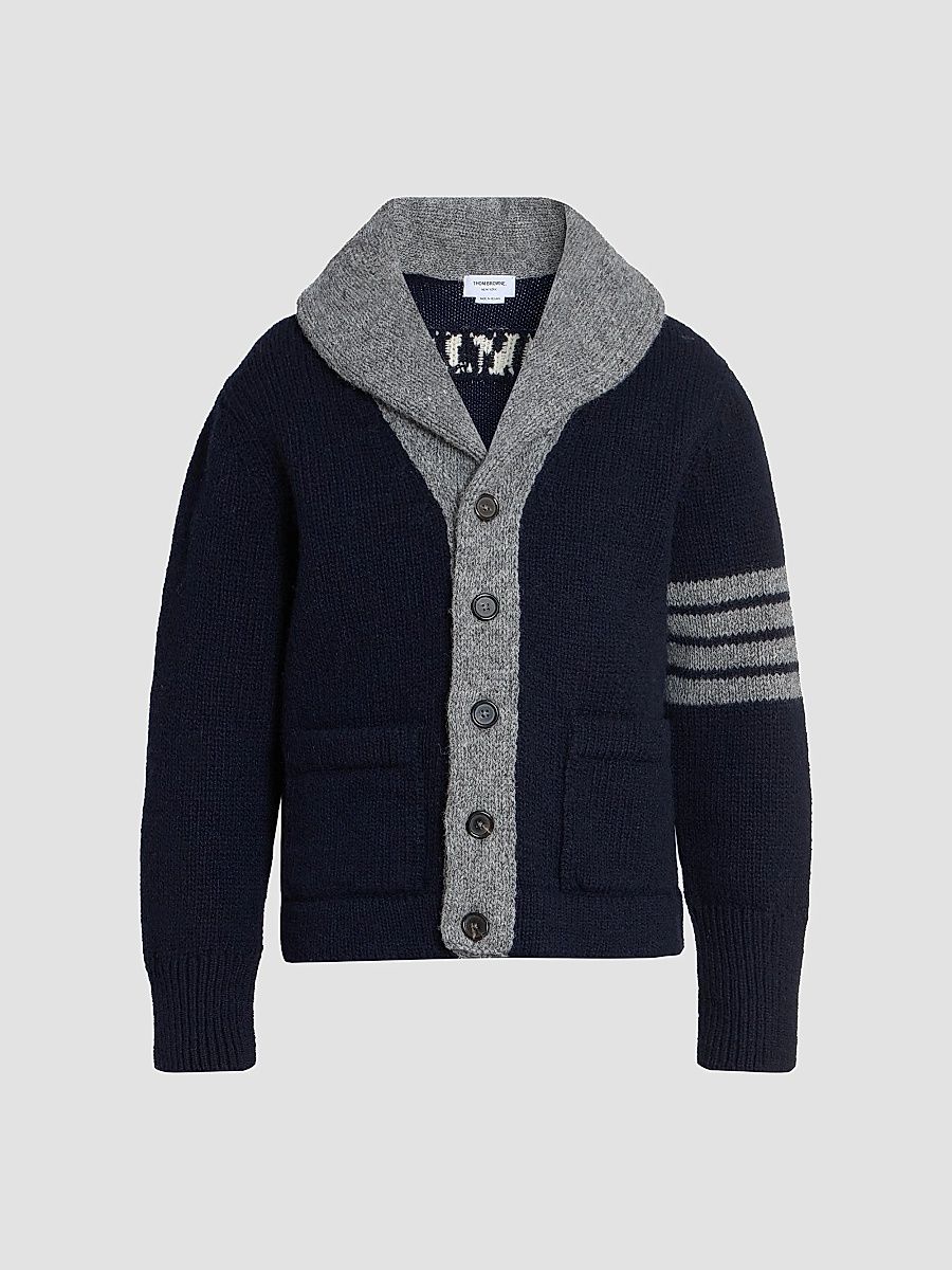 Men's Browne 65 Intarsia-Knit Irish Wool Cardigan - Navy - Size XL