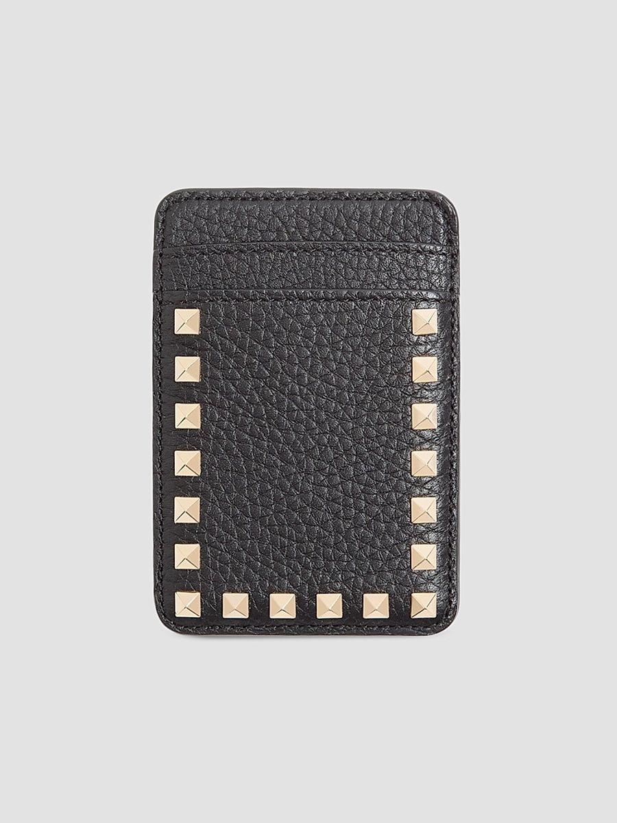 Women's Rockstud Magnetic Cardholder in Grainy Calfskin - Black