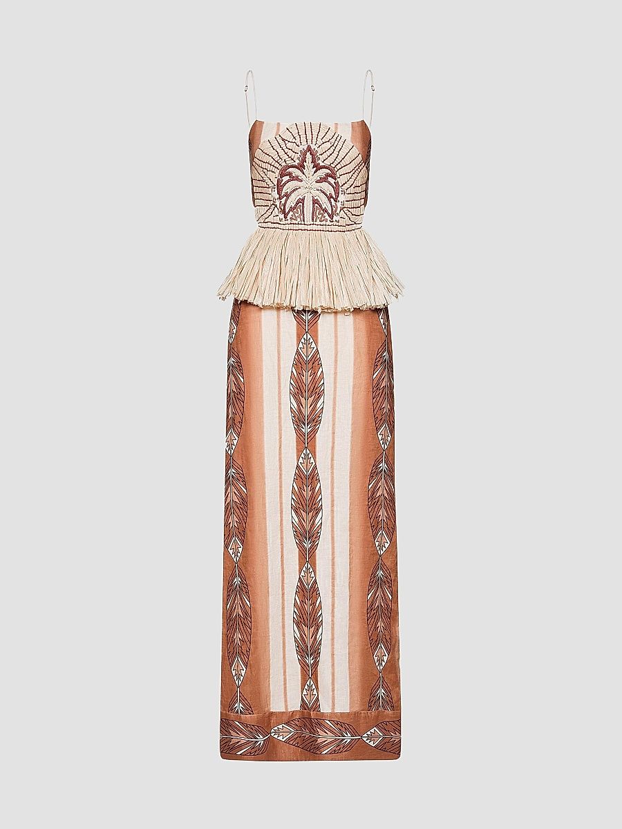 Women's Andean Mythology Linen Maxi Dress - Ecru Brown - Size 2