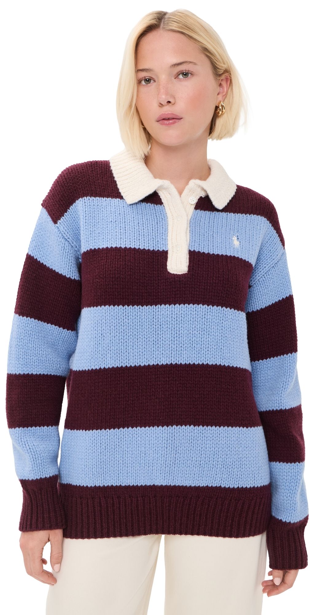 Polo Ralph Lauren Wool Striped Polo Sweater Harvardwne/Nwlitchblue XL