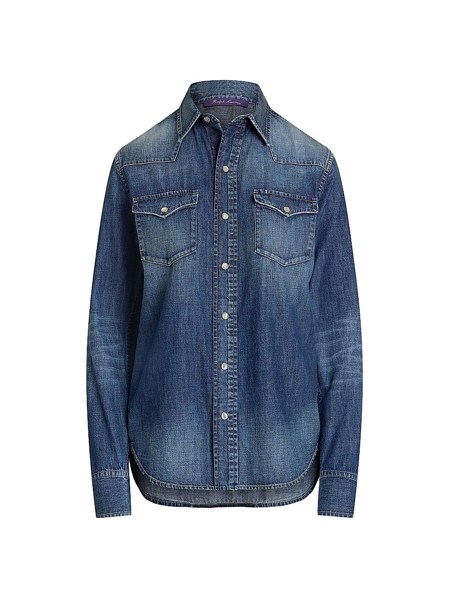 Women's Denim Snap-Front Long-Sleeve Top - Blue Ridge Breeze Wash - Size 8