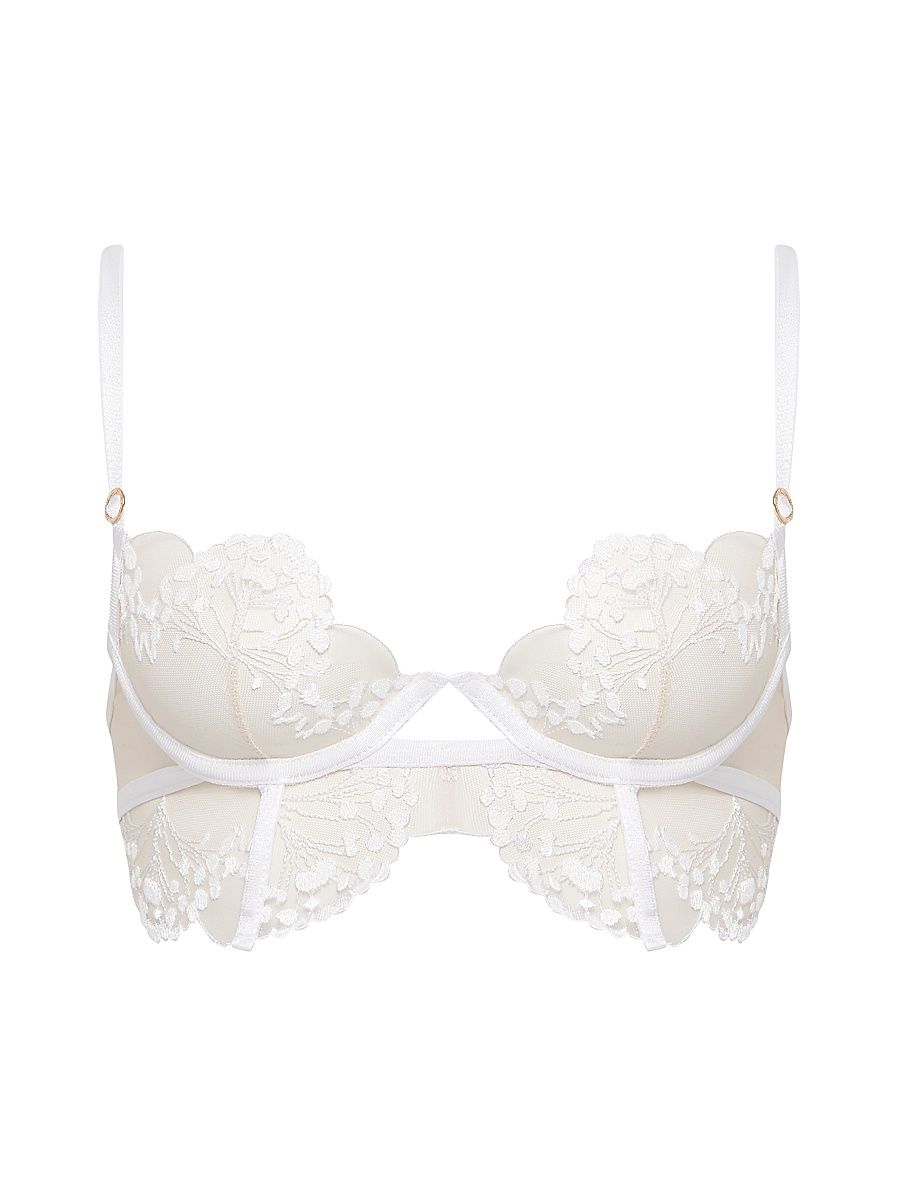Women's Floral-Embroidered Tulle Longline Bra - White Sheer - Size 38C