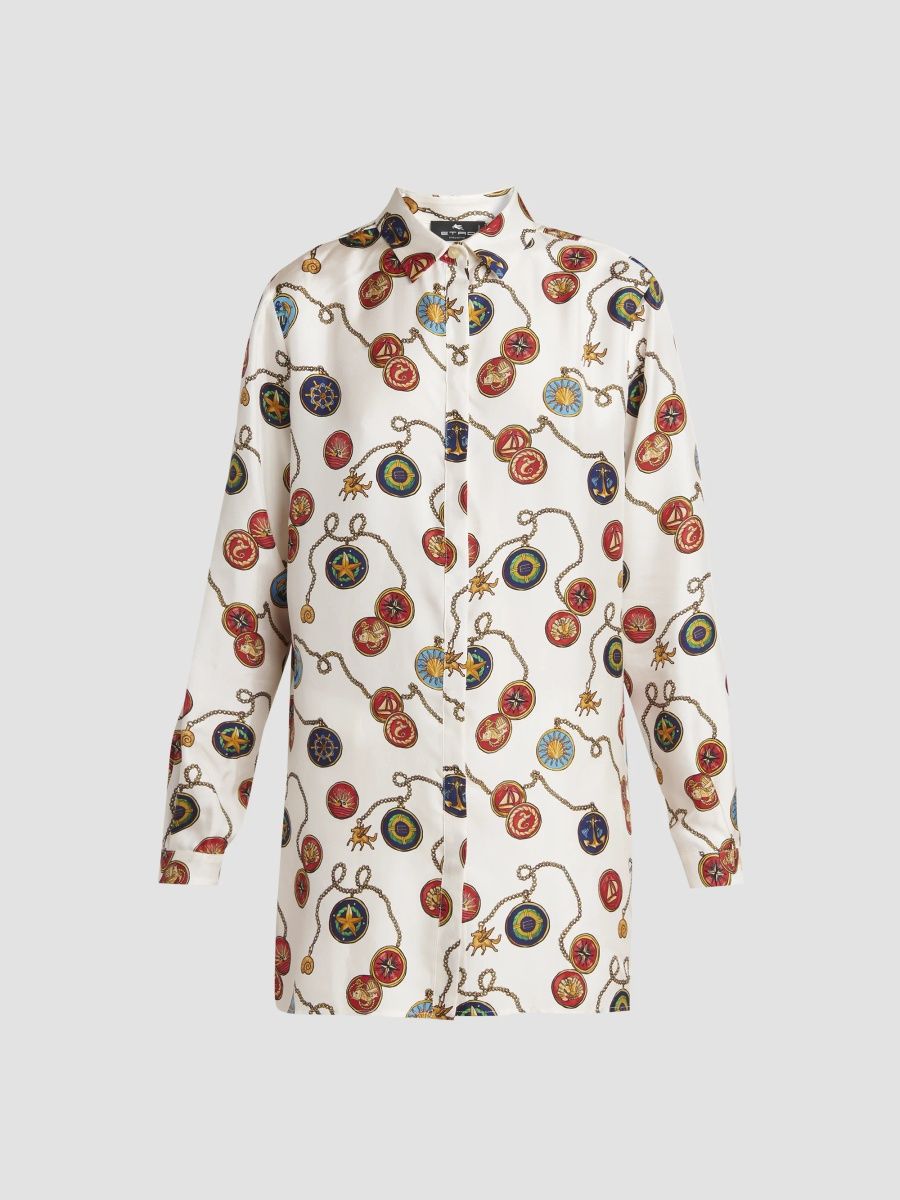 Etro Women's Status Printed Silk Twill Shirt - Print White Base - Size 0