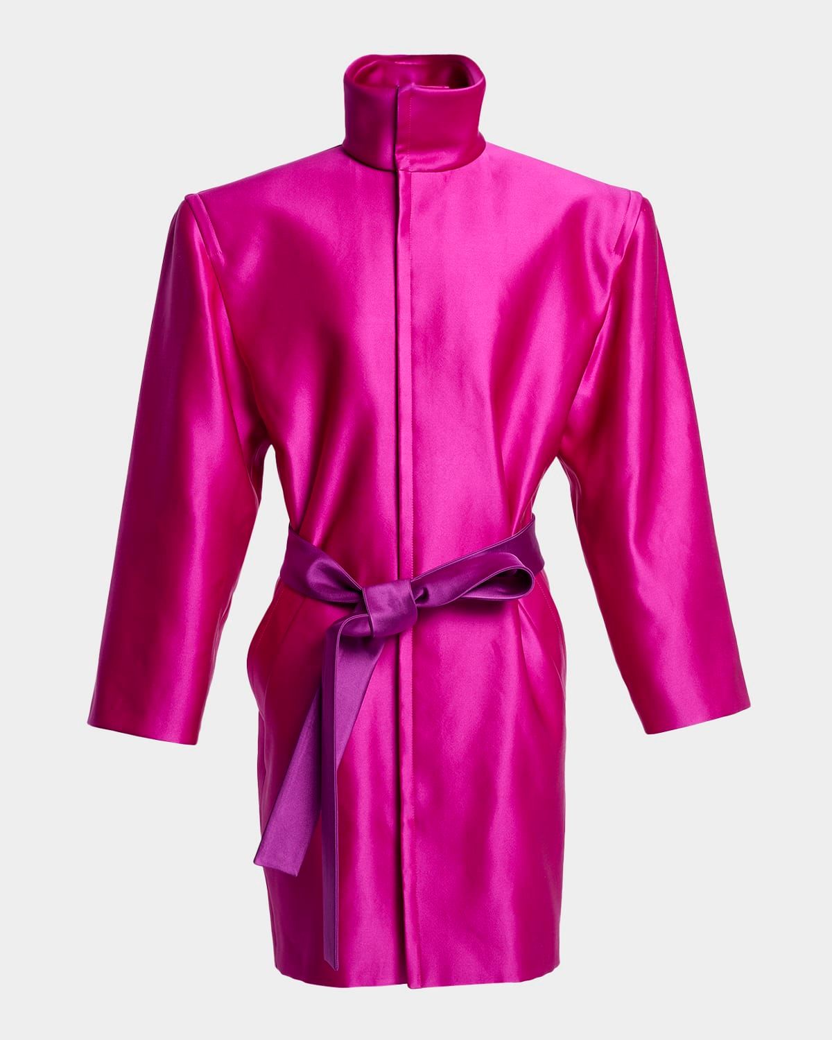 Strong-Shoulder Belted Silk Jacket