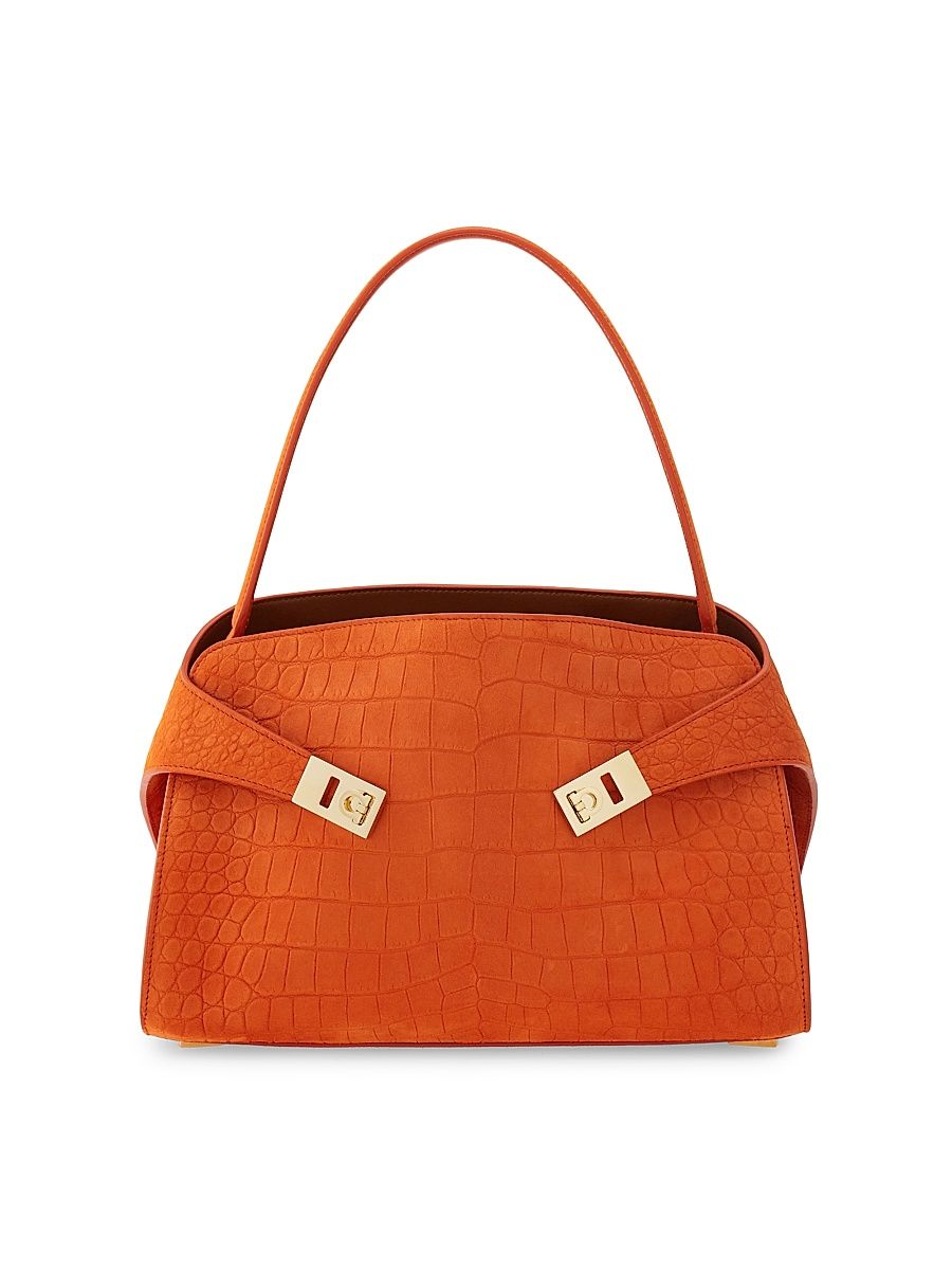 Women's Hug Gancini Croc-Embossed Suede Top Handle Bag - Light Siena