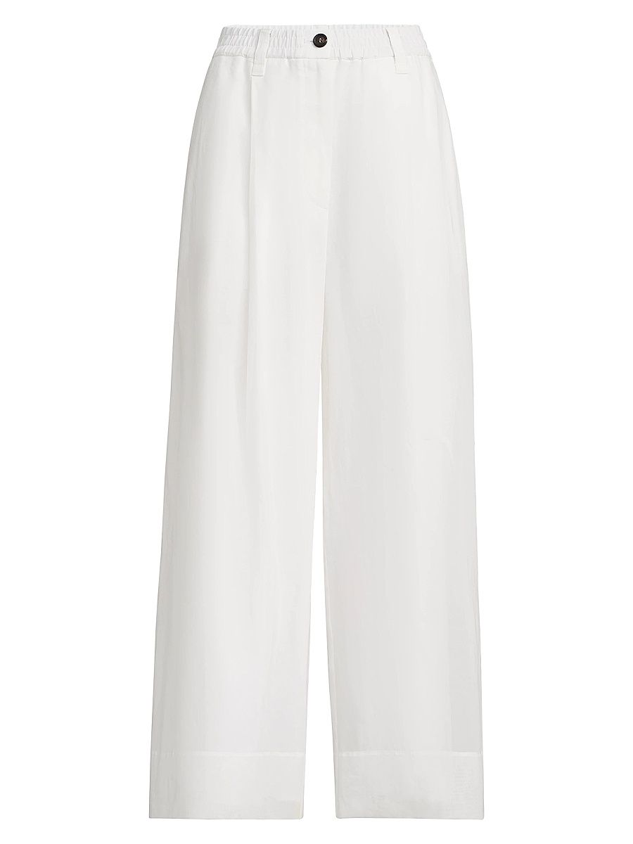 Women's Cotton Organza Boxy Pleated Trousers with Monili - White - Size 14