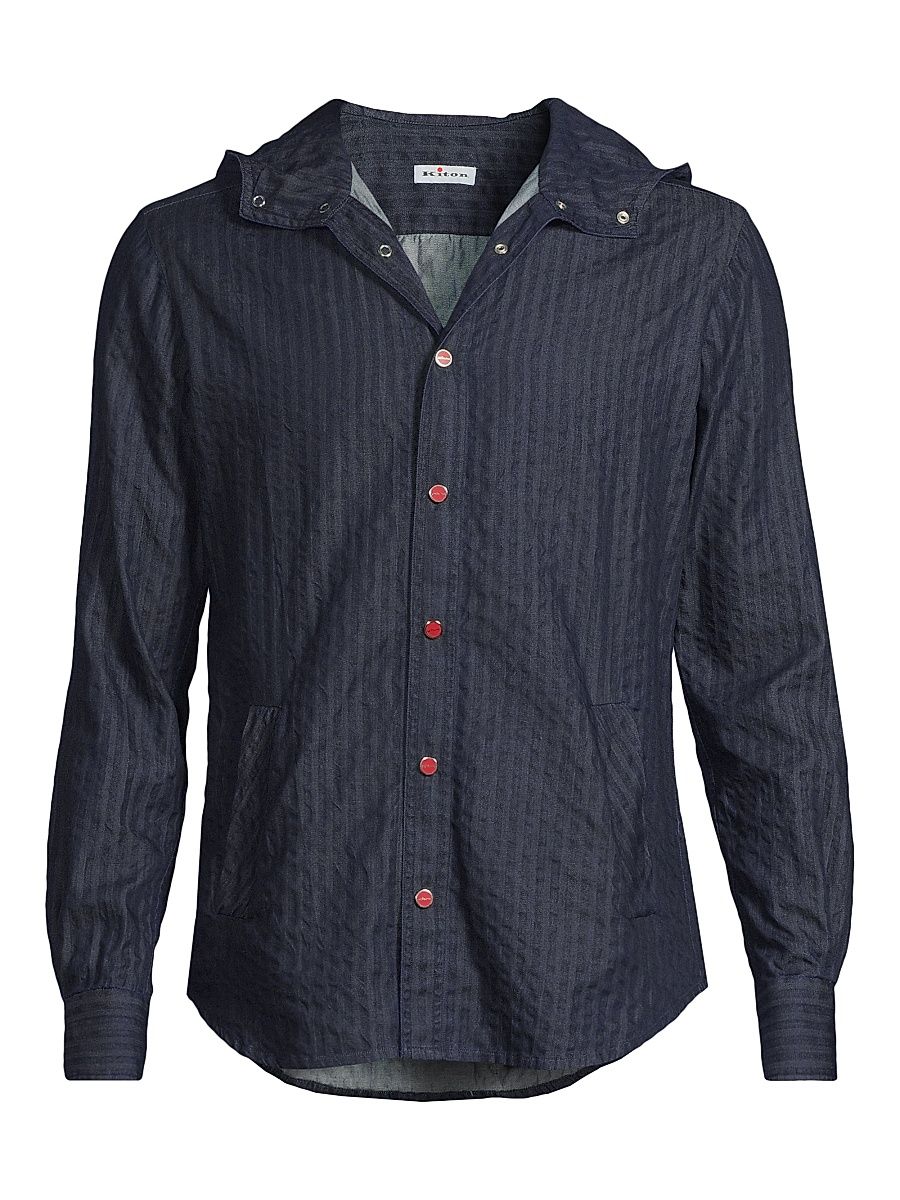 Men's Mariano Striped Cotton Hooded Shirt - Navy Blue - Size 17.5