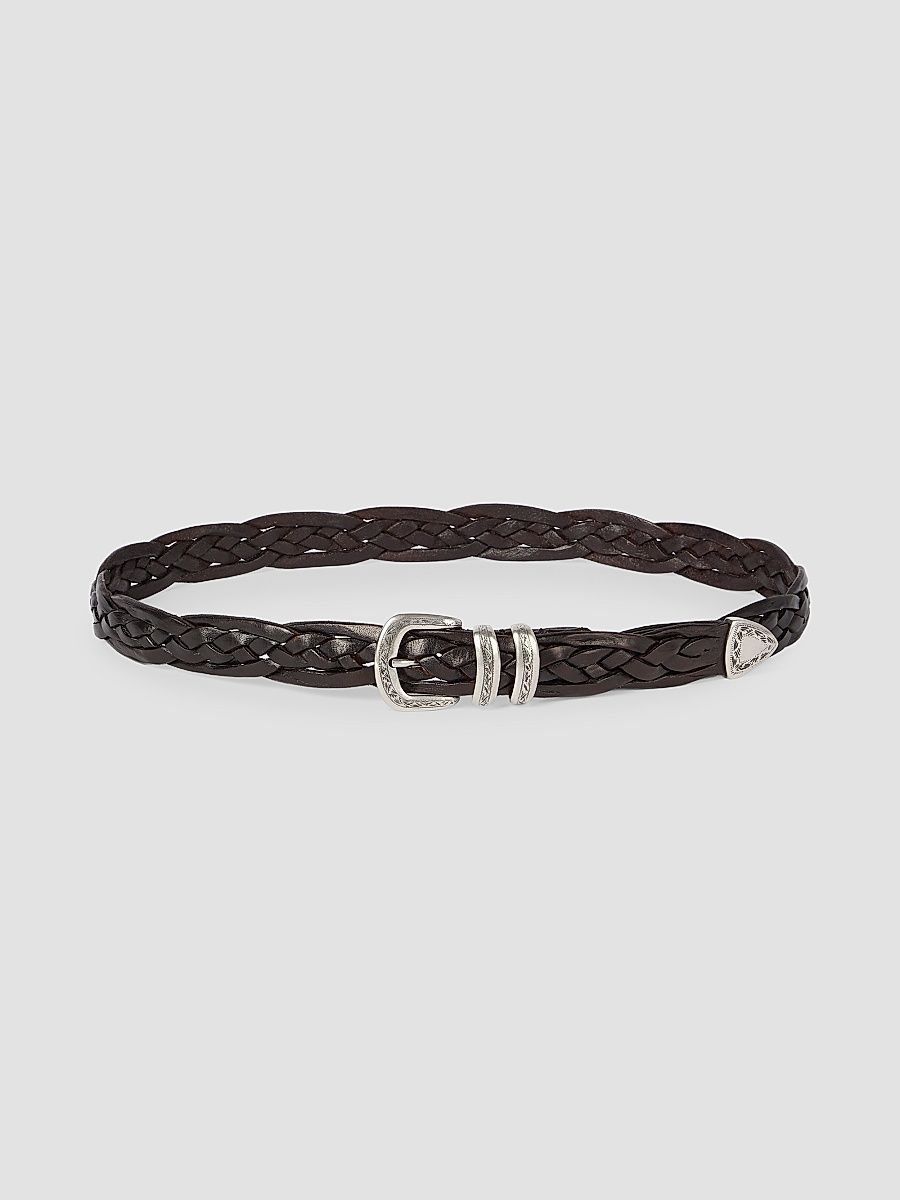 Men's Braided Calfskin Belt with Detailed Buckle - Brown - Size 38