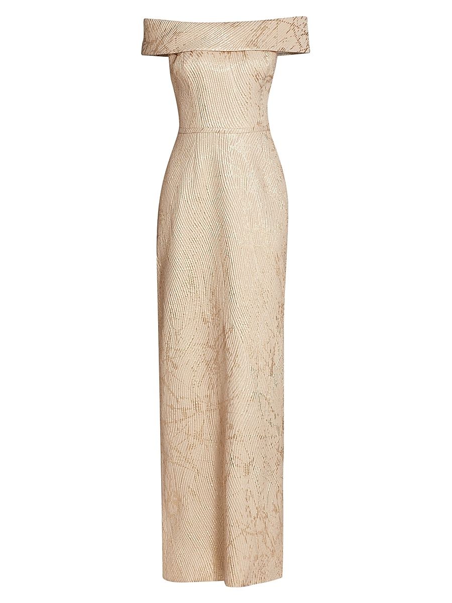 Teri Jon by Rickie Freeman Women's Off-the-Shoulder Metallic Jacquard Gown - Gold - Size 12