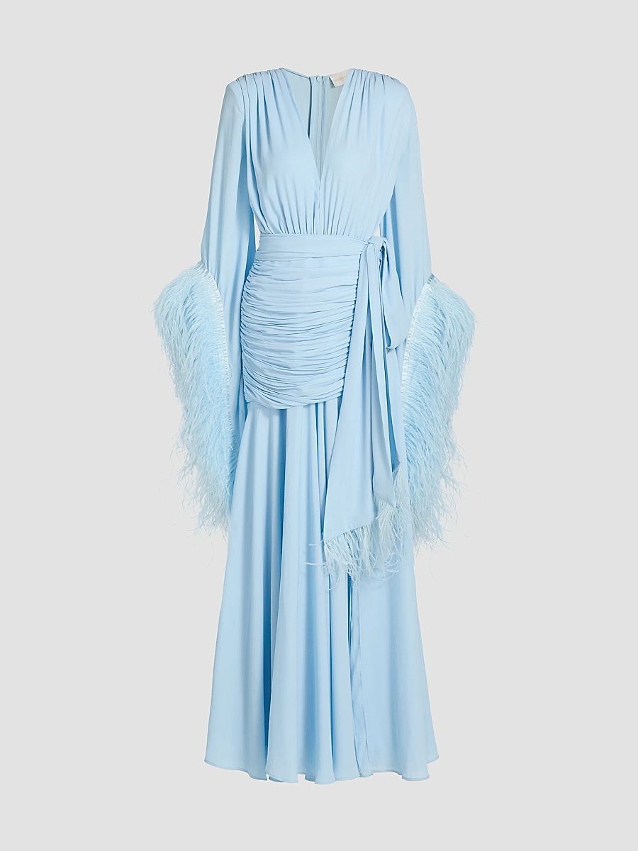 Women's Geisha Feather-Cuff Maxi Dress - Powder Blue - Size Large