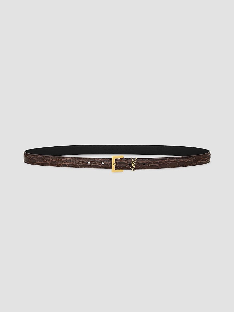 Saint Laurent Women's Cassandre Thin Belt in Crocodile-Embossed Leather - Coffee Shot - Size 42