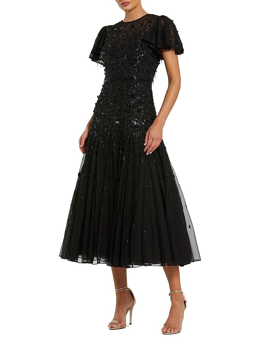 Women's Embellished Tulle Midi-Dress - Black - Size 20