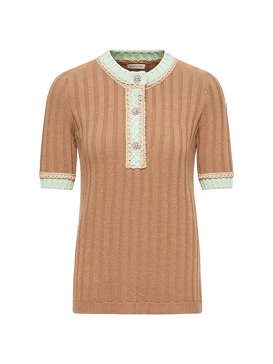 Women's Crew Neck Sweater in Wool and Cashmere - Camel Beige - Size Large