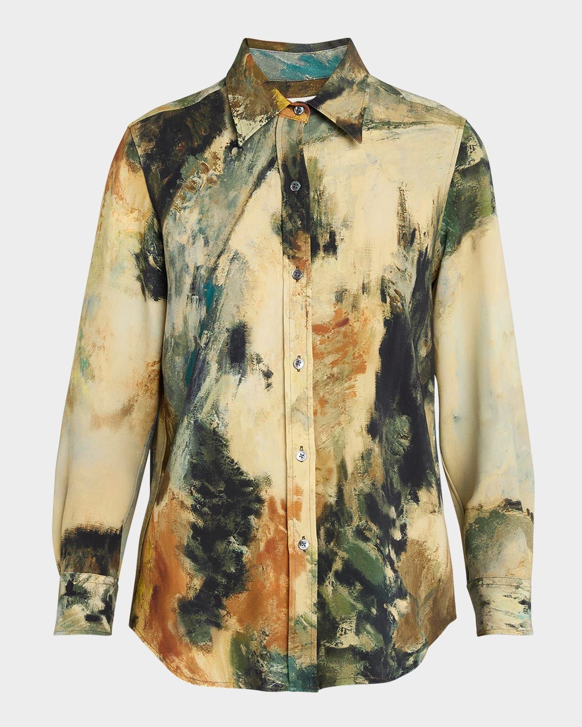 Modernist Landscape Silk Button-Down Shirt