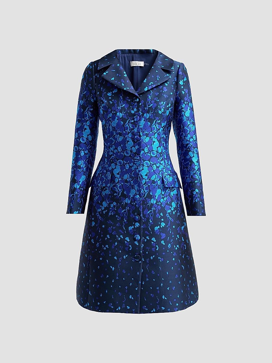 Women's Abstract Print Mikado Knee-Length Coat Dress - Blue Multi - Size 16