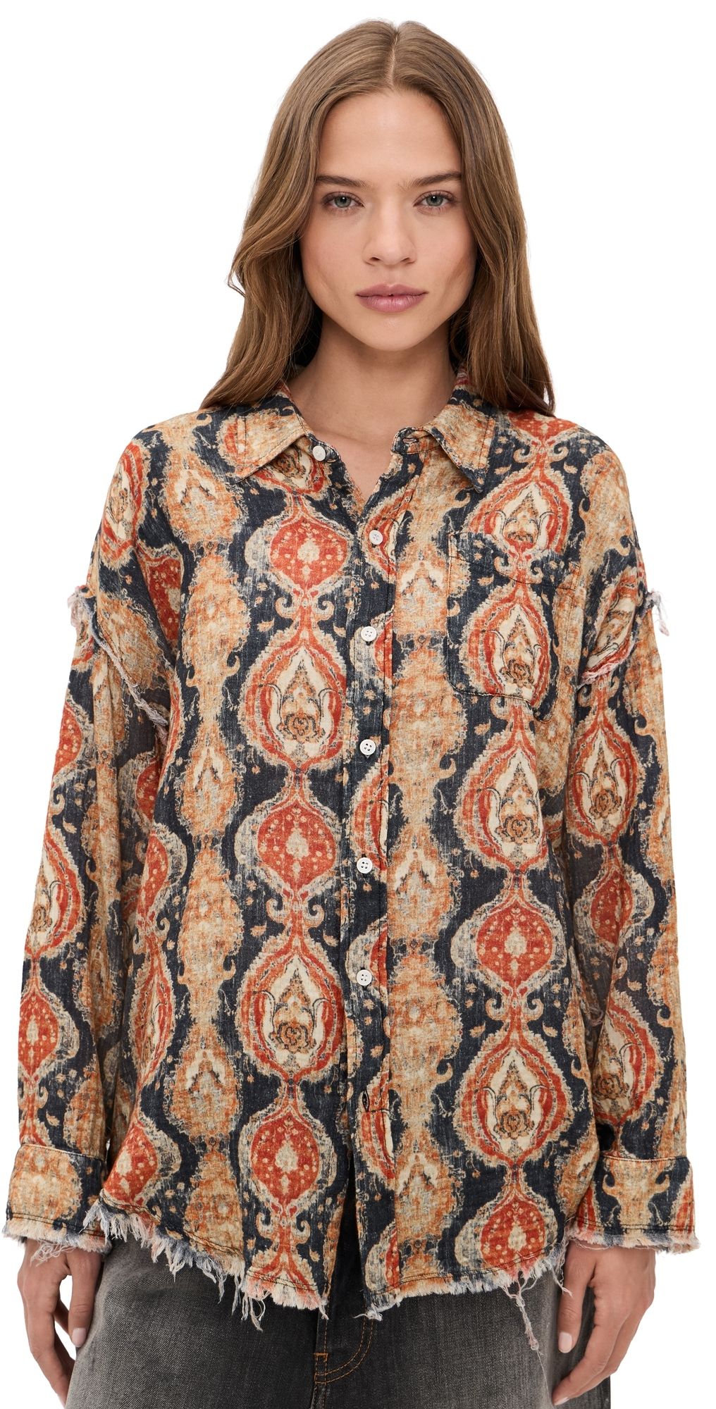 R13 Shredded Seam Drop Neck Shirt Orange Dark Navy Multicolor M