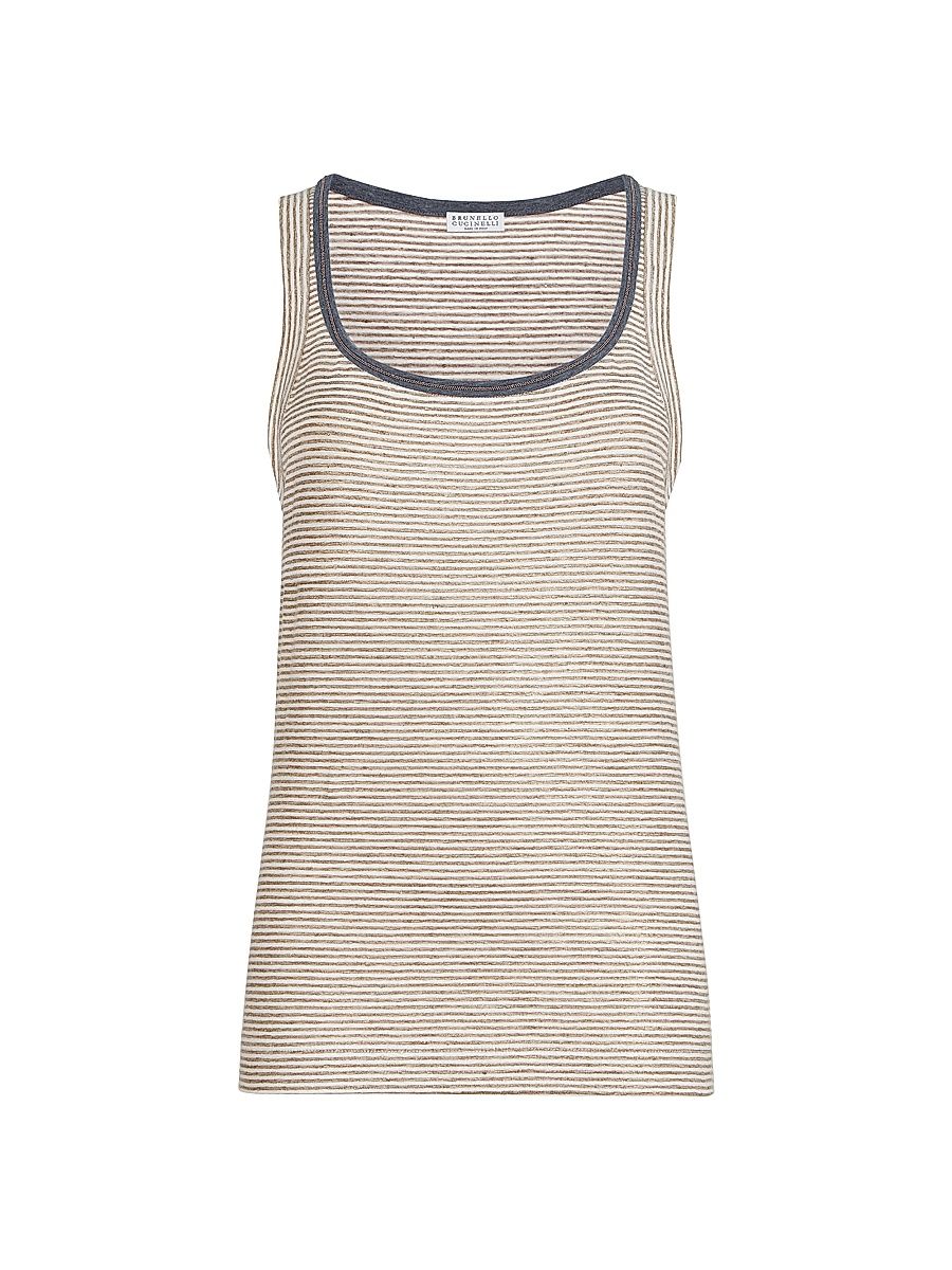 Women's Striped Linen Lamé Jersey Top with Shiny Trim - Light Brown - Size XS