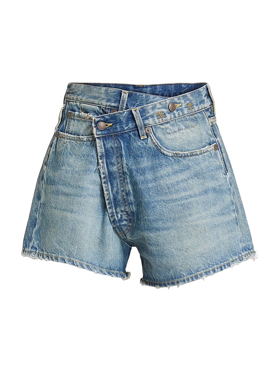 Women's Crossover Asymmetric Washed-Denim Shorts - Bain Blue - Size 31