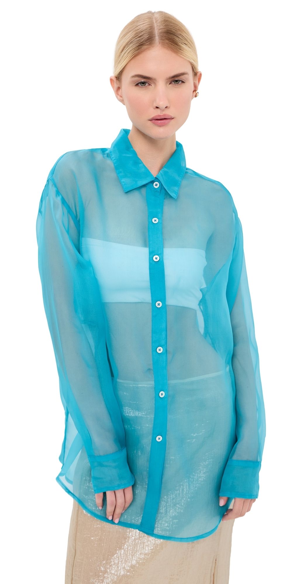 SPRWMN Oversized Silk Button Down Shirt Turquoise S