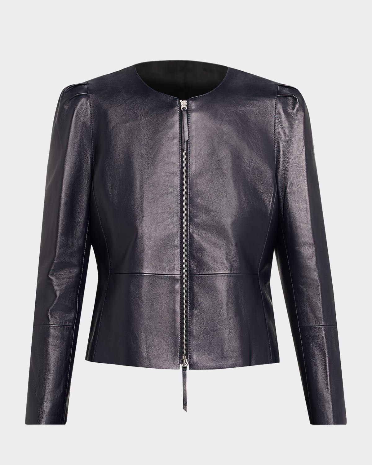 x The Morning Show Puff-Shoulder Leather Jacket