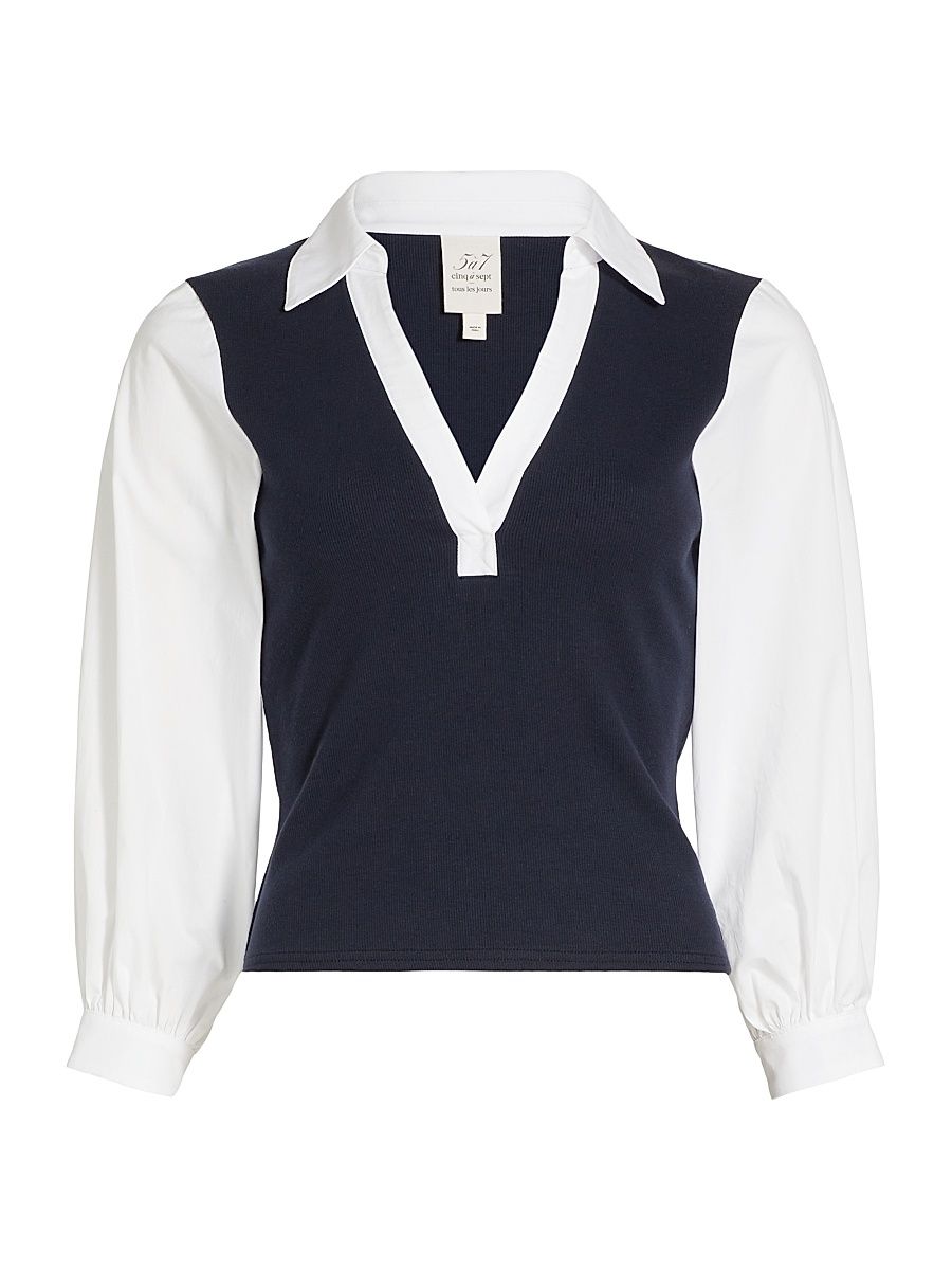 Women's Colleen Poplin-Sleeve Top - Navy White - Size Medium