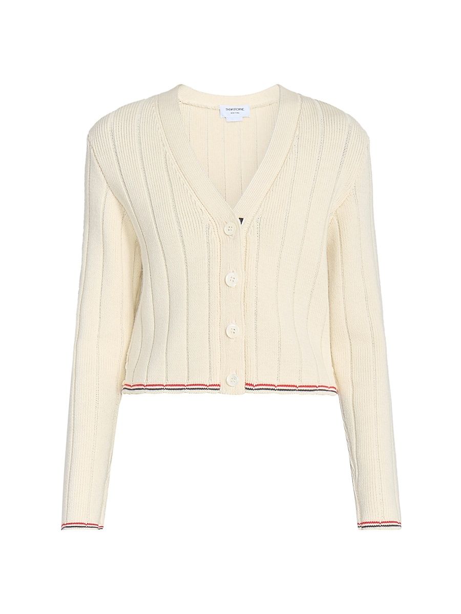 Women's Ladder-Stitch V-Neck Wool Cardigan - White - Size 10
