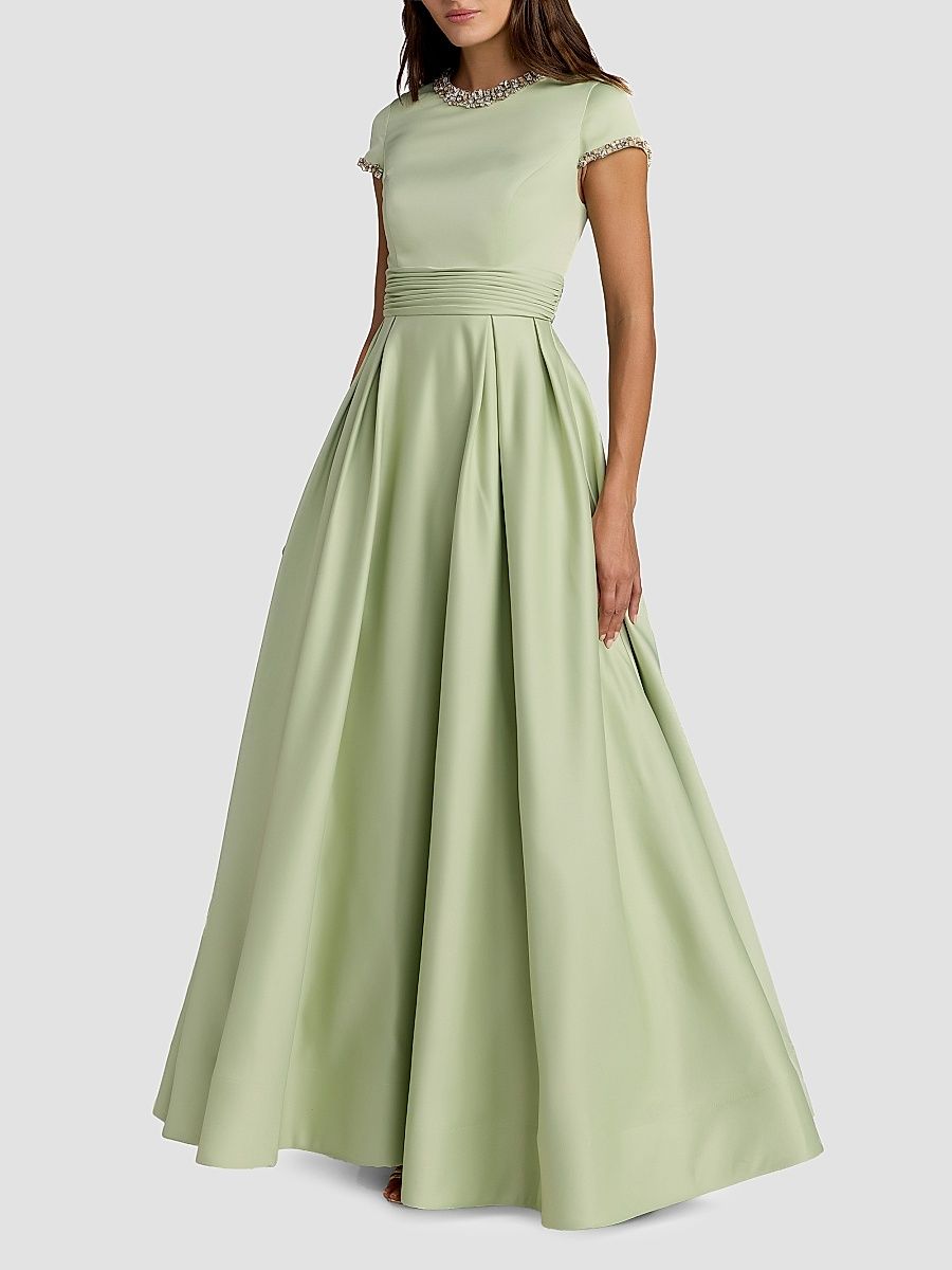 Women's Petite Embellished Satin Cap-Sleeve Ballgown - Sage - Size Petite 16