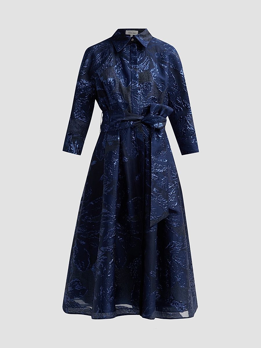 Women's Metallic Jacquard Belted Midi Cocktail Shirtdress - Sapphire - Size 2