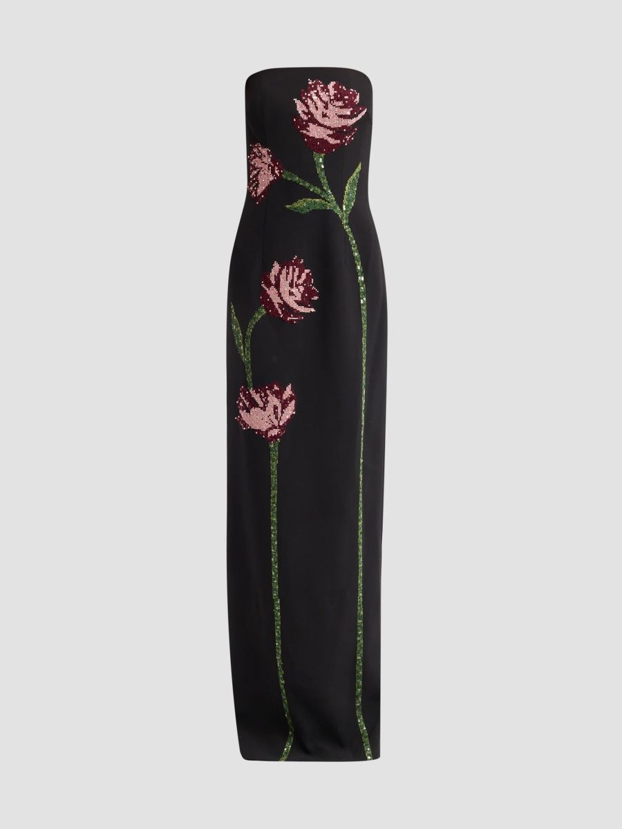 Lela Rose Women's Ava Floral-Embroidered Crepe Strapless Gown - Black Dusty Rose - Size 14