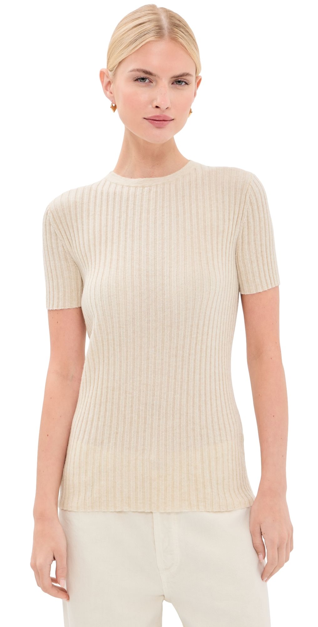 The Elder Statesman Superlight Ellie Rib Knit Cashmere Tee Natural S