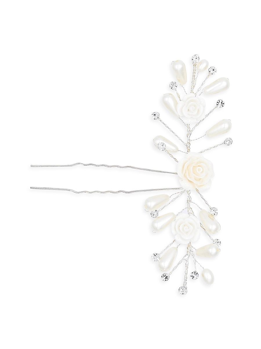 Rhinestone Pearl and Rose Hair Pin - Silver