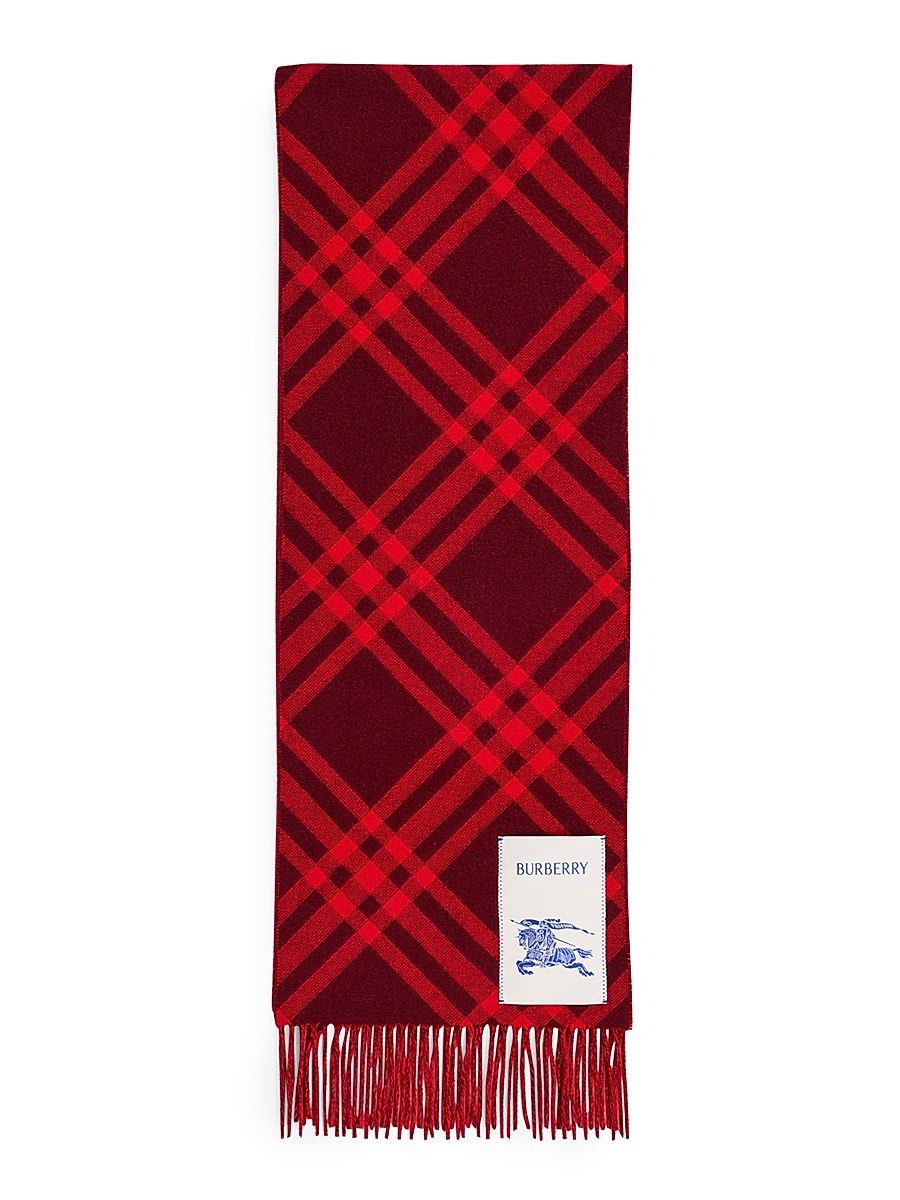 Men's Cashmere Check Fringed Scarf - Oxblood