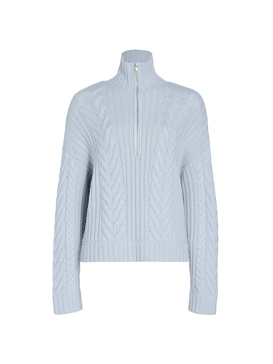 Women's Wool-Cashmere Open-Back Cable Quarter-Zip Sweater - Sky - Size XS