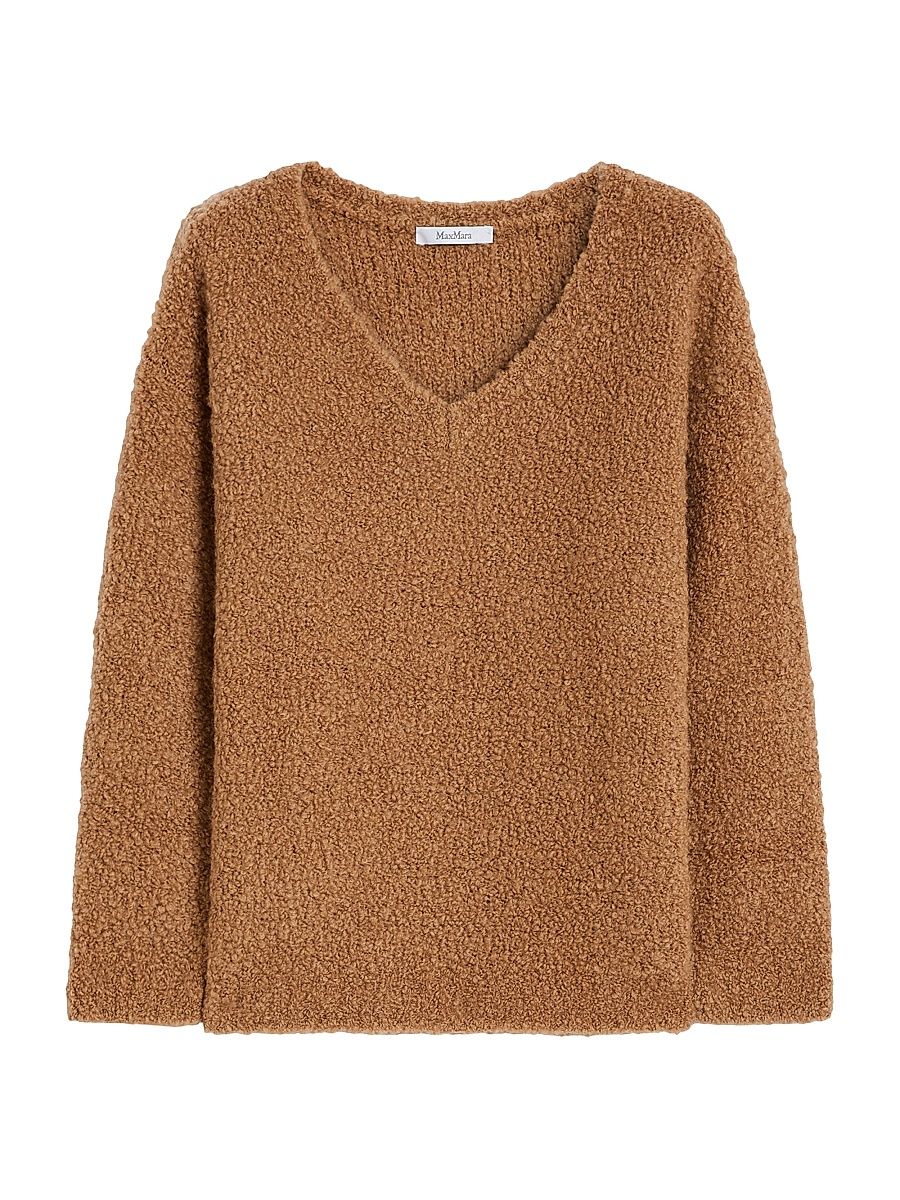 Women's Bouclé Silk V-Neck Jumper - Camel - Size Medium