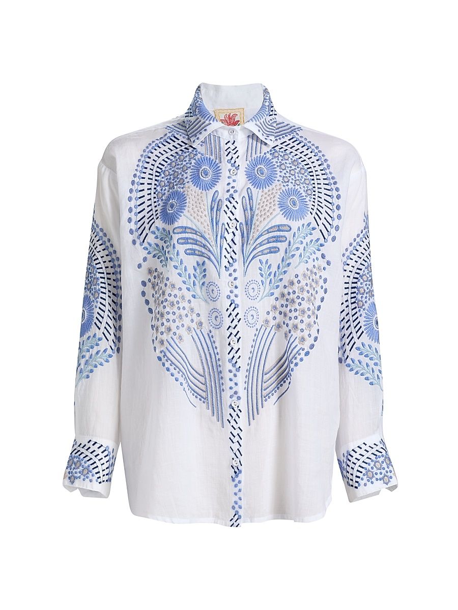 Women's Palladium Embroidered Button-Front Shirt - White - Size XXL