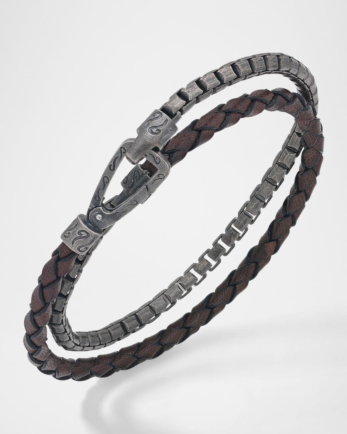 Men & apos;s Lash Double Wrap Leather Box Chain Combo Bracelet with Push Clasp