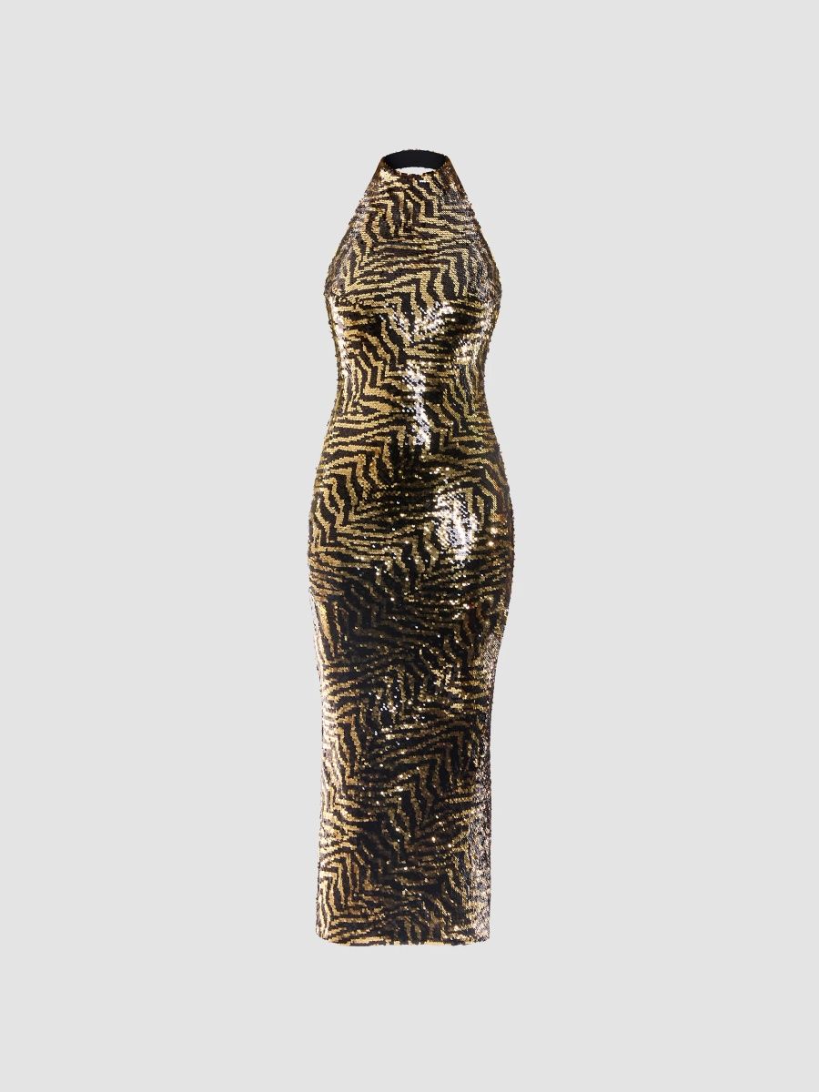 Zhivago Women's The Elsewhere Zebra Sequin Halter Midi Dress - Gold - Size 0