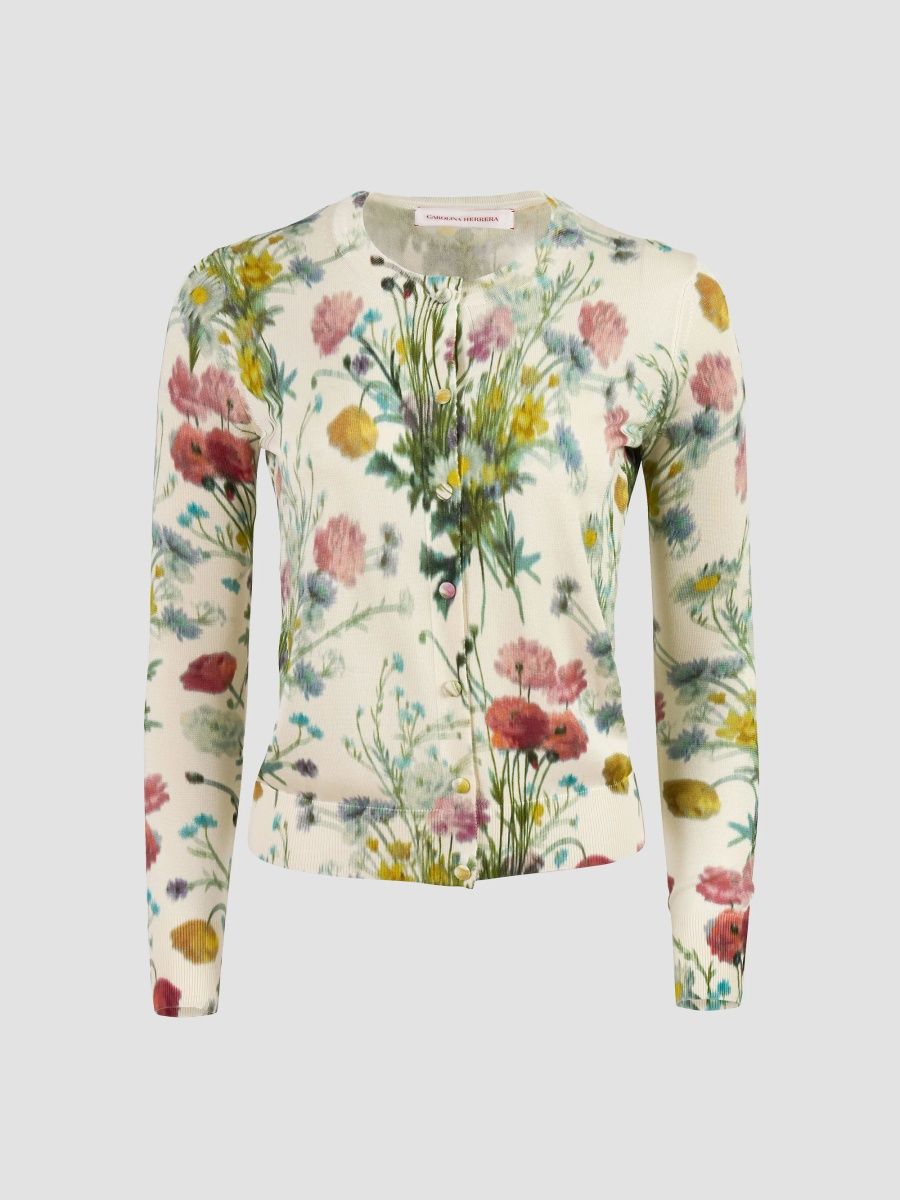 Carolina Herrera Women's Floral Silk Crewneck Cardigan - Ivory Multi - Size XL