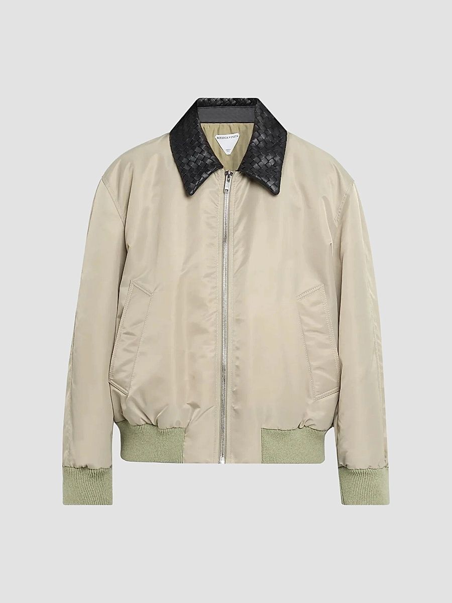 Bottega Veneta Women's Intercciato Leather Collar Jacket - Tarragon - Size 12