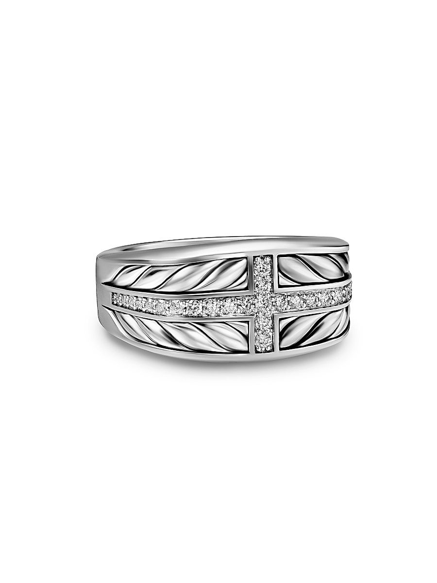 Men's Chevron Three Sided Signet Ring in Sterling Silver - Diamond - Size 10