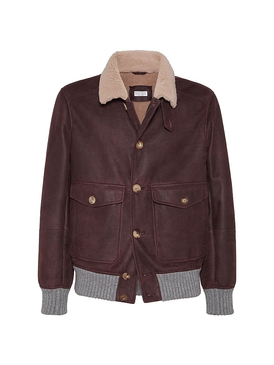 Men's Nubuck Effect Shearling Aviator Jacket with Cashmere Knit Inserts - Purple - Size XL