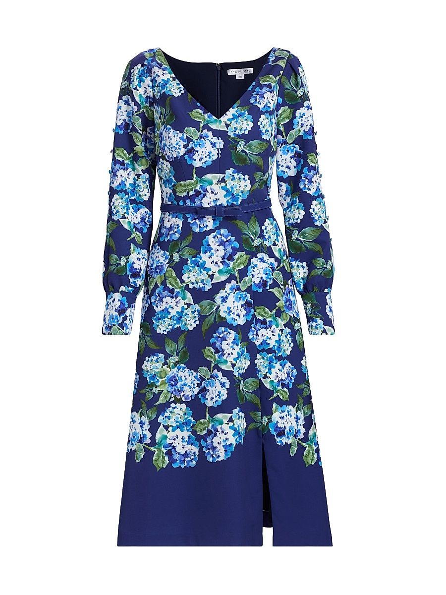 Women's Briony Hydrangea Stretch Crepe Belted Midi-Dress - Deep Navy - Size 18