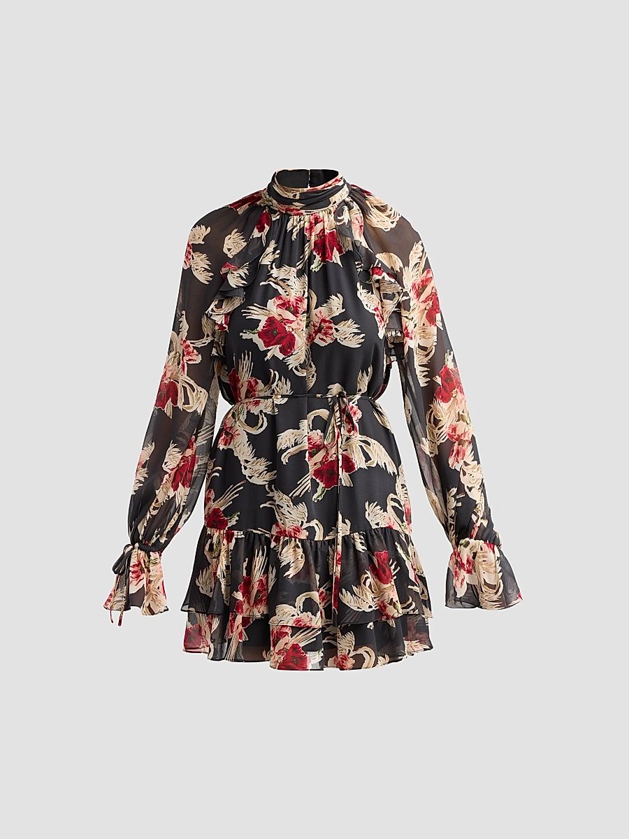 Women's Sylviane Floral Silk A-Line Mini Dress - Obsidian Multi - Size 14