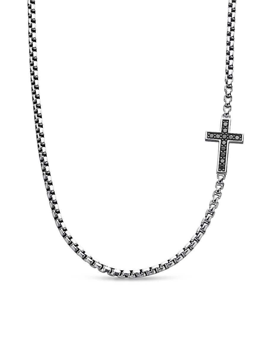 Men's Cross Station Necklace in Sterling Silver - Black - Size 20