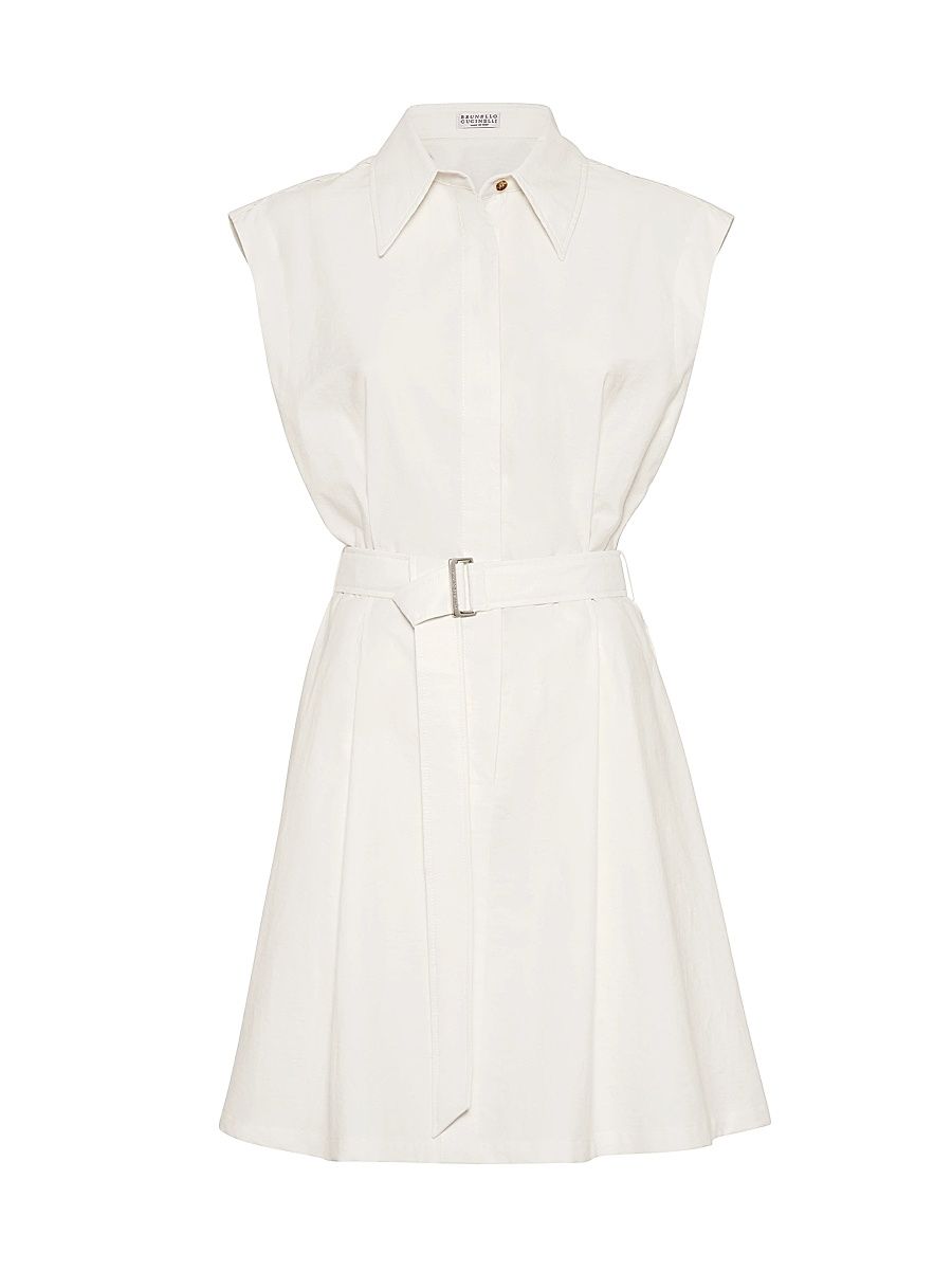 Women's Techno Cotton Texture Twill Belted Mini Shirt Dress with Monili - Panama - Size Large