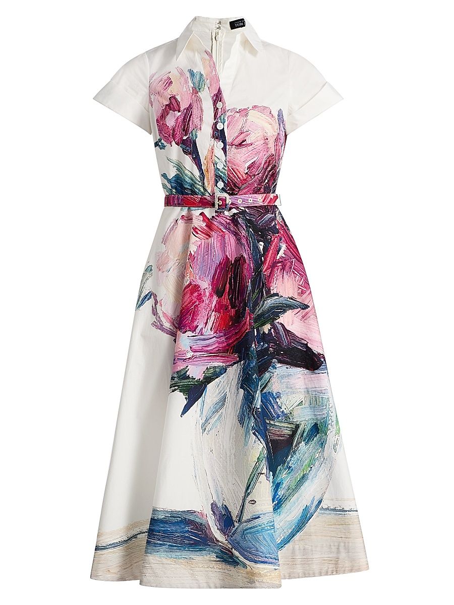 Women's Floral Cotton Shirtwaist Midi-Dress - White Multi - Size 18