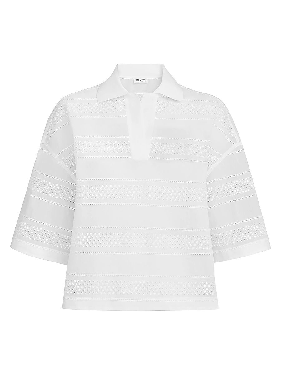 Women's Cotton Organza Broderie Anglaise Cropped Polo Shirt - White - Size Large