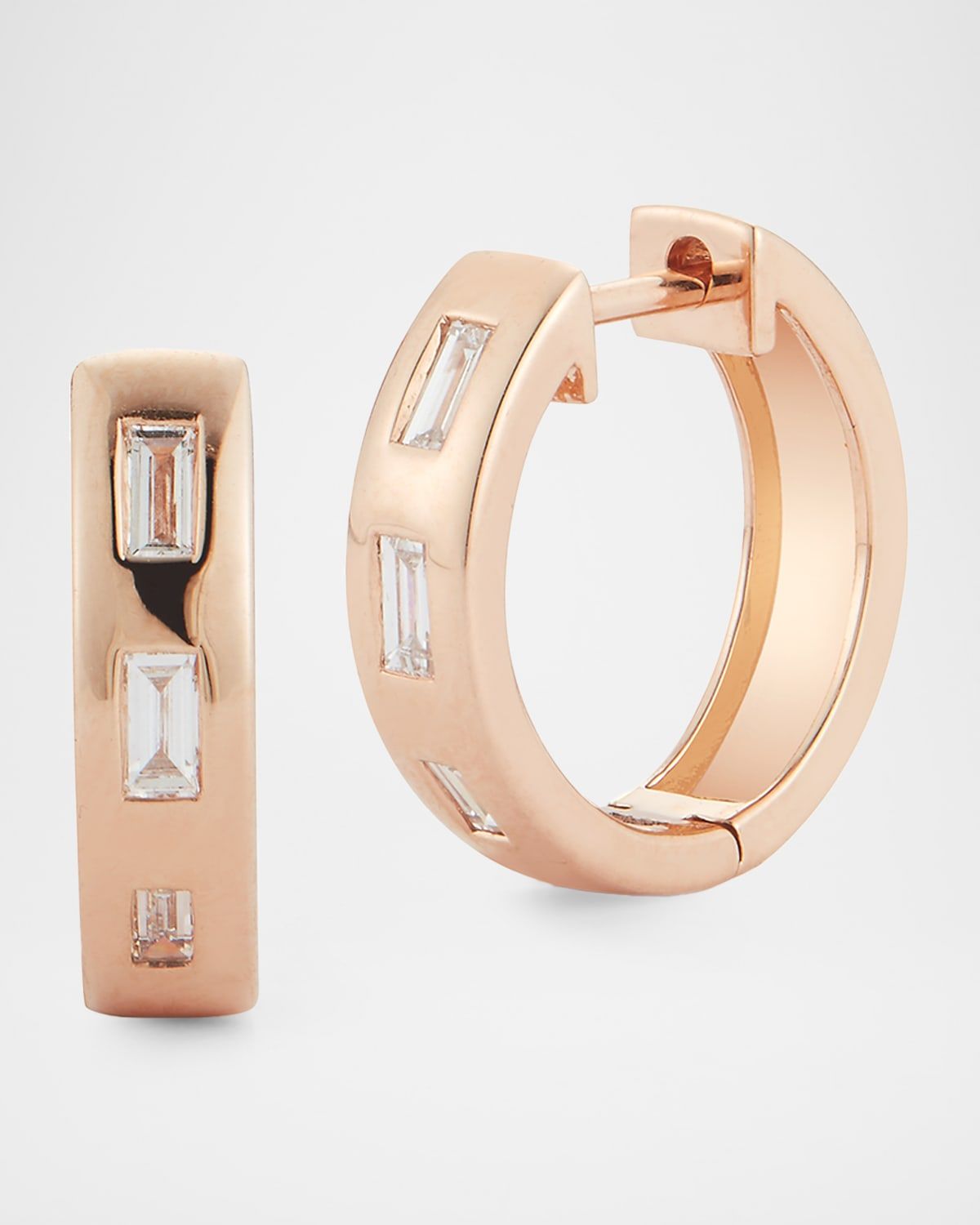 Ottoline 18K Rose Gold 3 Diamond Baguette Huggie Earrings
